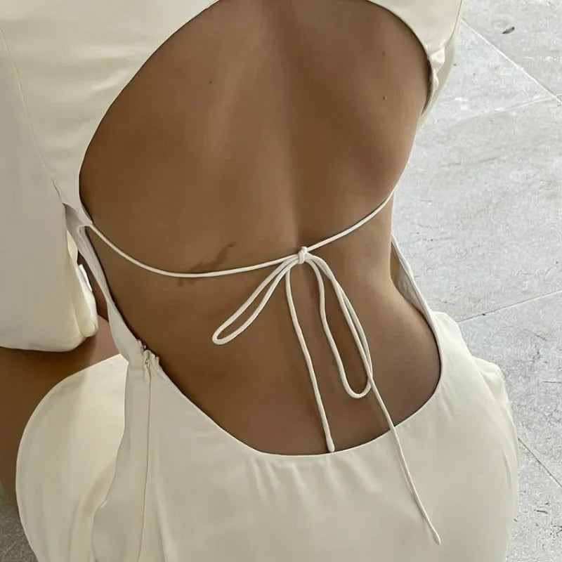 Tuularose Satin Backless Dress Women's Sexy Hollow Lace Up Long Sleeve A-Line Short Dress Elegant Swing Neck Party Evening Dress