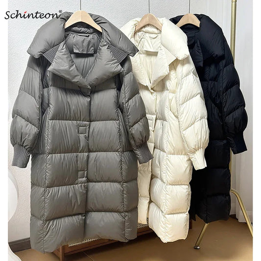 Schinteon Women White Duck Down Long Jacket Autumn Winter Warm Casual Over Size Loose Outwear Soft Comfortable Fashion Coat New