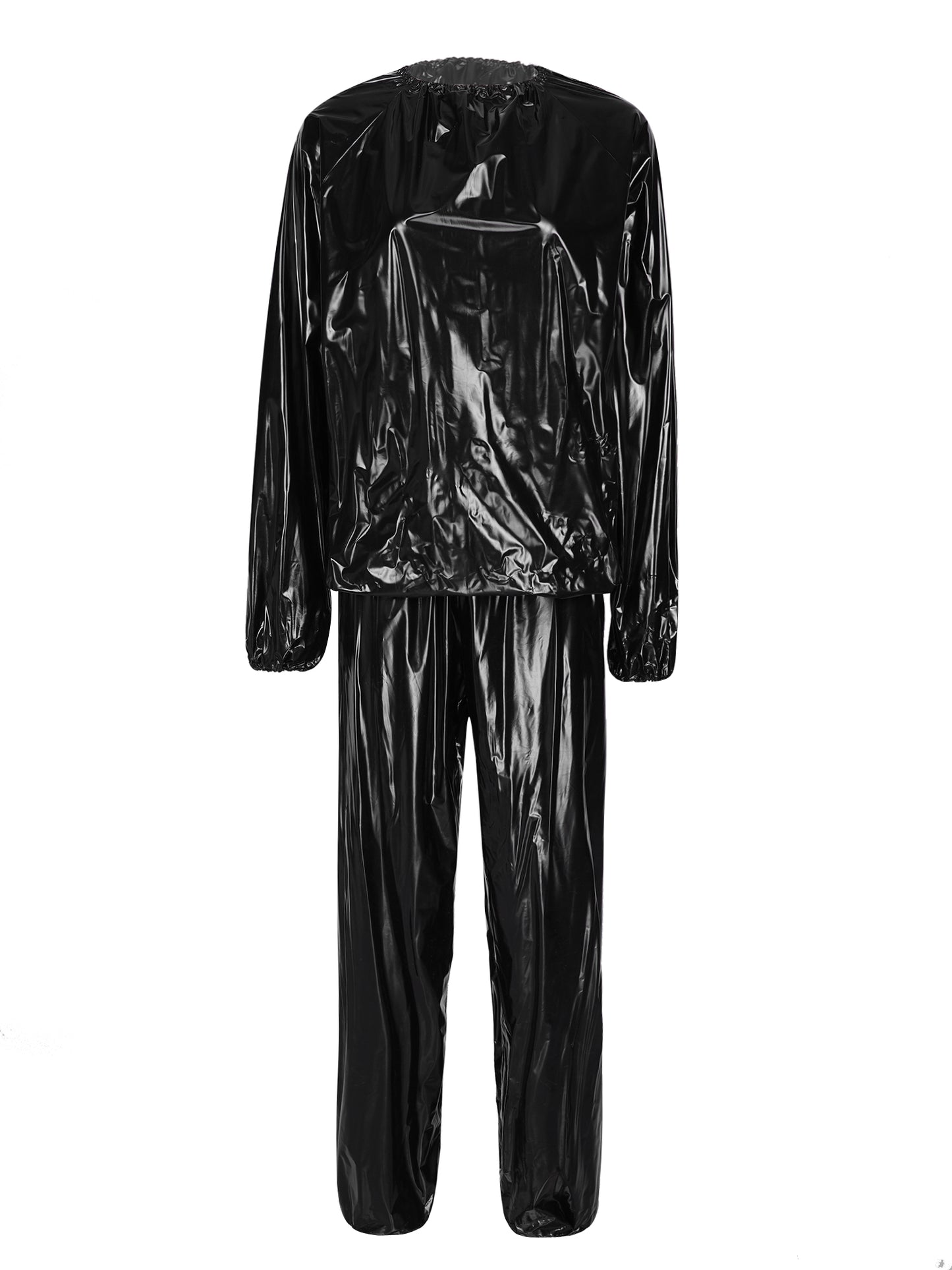 2Pcs Women Sauna Suit PVC Long Sleeve Elastic Cuff Top Pants Set Fitness Gym Workout Outfit Sweat Suits for Adults Clothes Sets