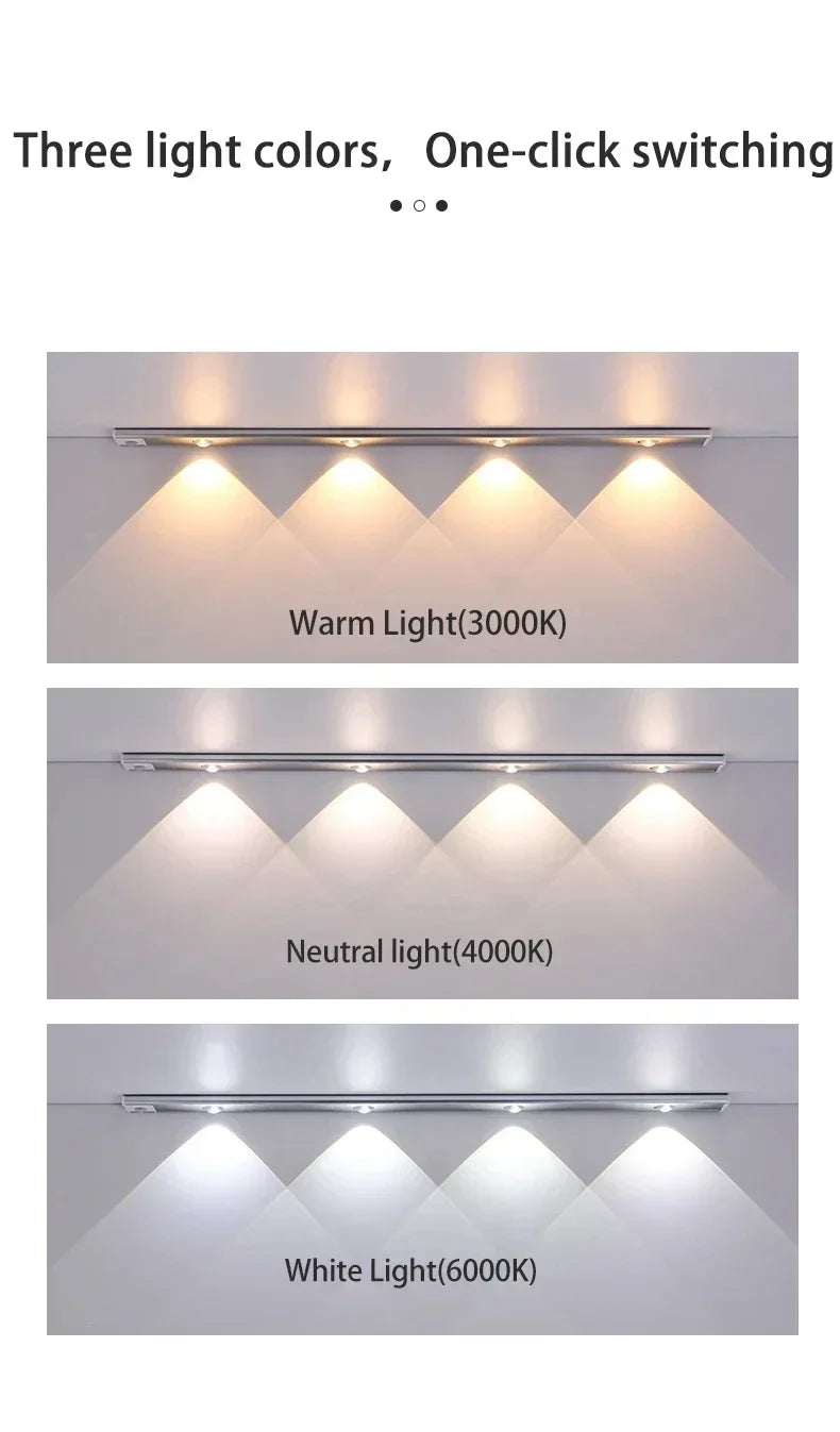 Motion Sensor LED Bar Light Rechargeable Cabinet Light 3 Colors Dimming  Kitchen Light for Closet Wardrobe Stairs 20/30/40/50cm