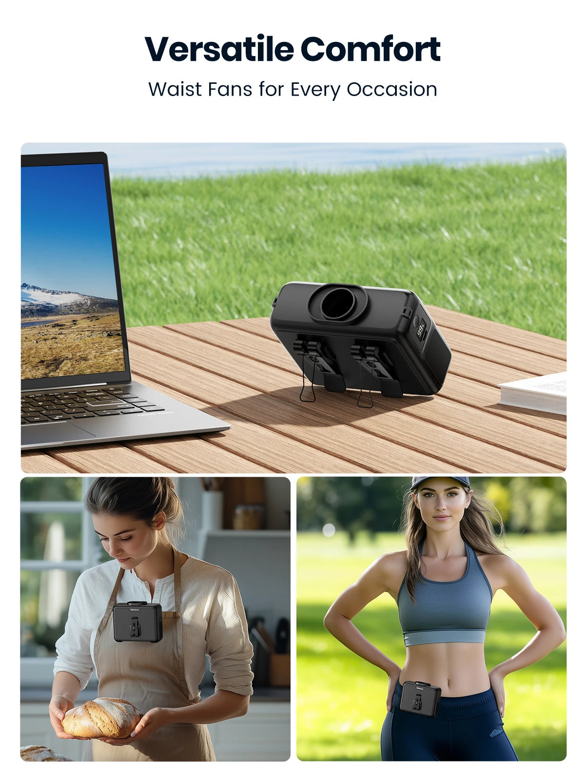 Warmco 20000mAh Portable Neck Waist Fan 72H Battery 4Speeds 15000RPM Clip On Wearable Belt Cooling Fan LED Flashlight Power Bank
