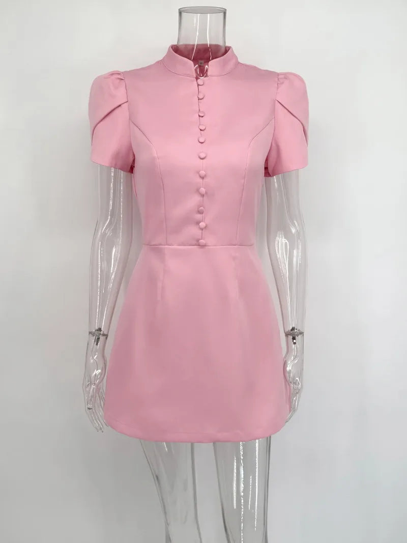 Trendix Button Patchwork Elegant Dress For Women Fashion Pleated Short Sleeve Short Dresses Femme Office Commuter A-Line Dress