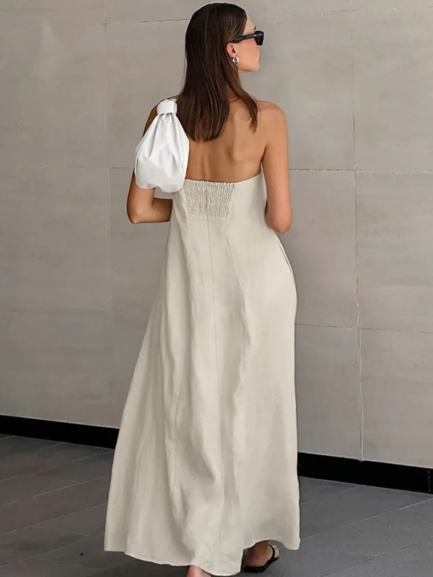 Minimalist Cotton Linen Design Strapless Dress Summer Women's Personal Street Elastic Backless Pocket Vacation Beach Dress