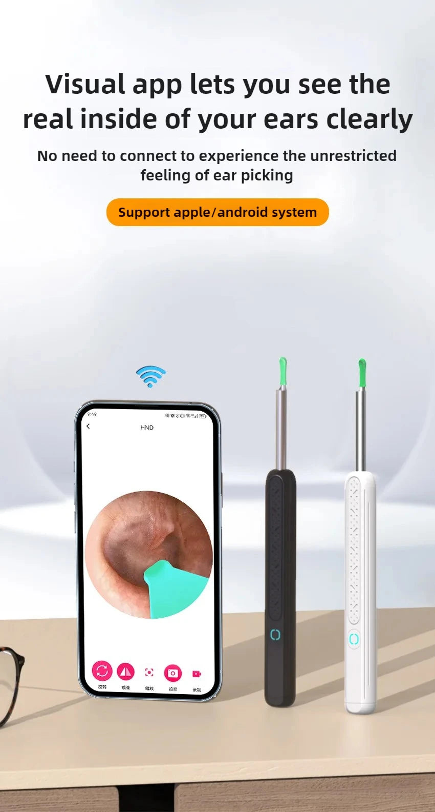 1-9pcs/Set Visual Ear Cleaner with Camera Ear Sticks USB Charging Ear Wax Removal Tool WIFI Connection 6 LED Lights Earpick