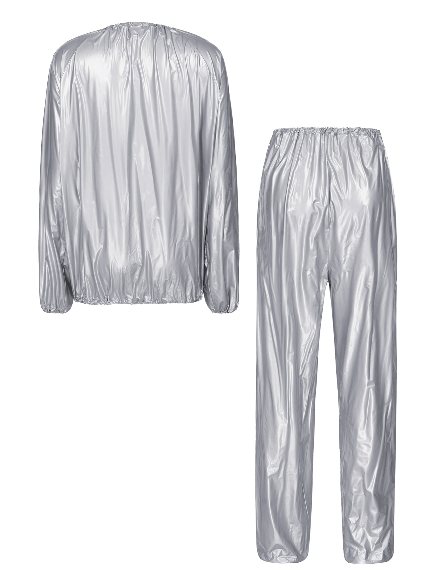 2Pcs Women Sauna Suit PVC Long Sleeve Elastic Cuff Top Pants Set Fitness Gym Workout Outfit Sweat Suits for Adults Clothes Sets