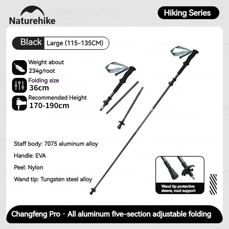 Naturehike 5-Section Walking Stick Pole Carbon Fiber Aluminum Alloy Folding Teleskopic Ultralight Trekking Hiking Canes UL Pro