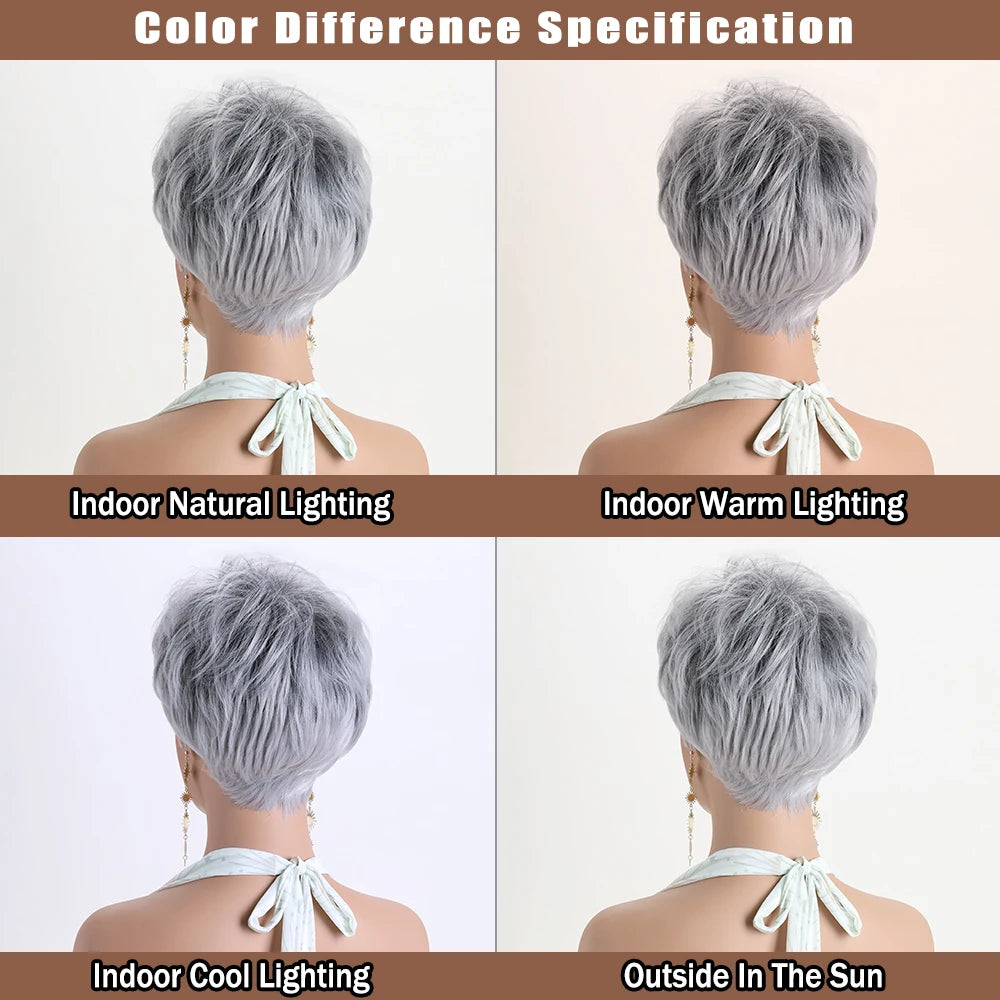 Short Natural Wigs with Bangs Soft Mommy Hair Daily Use Short Grey Ombre Curly Synthetic Hair Costume Party Wig for Women