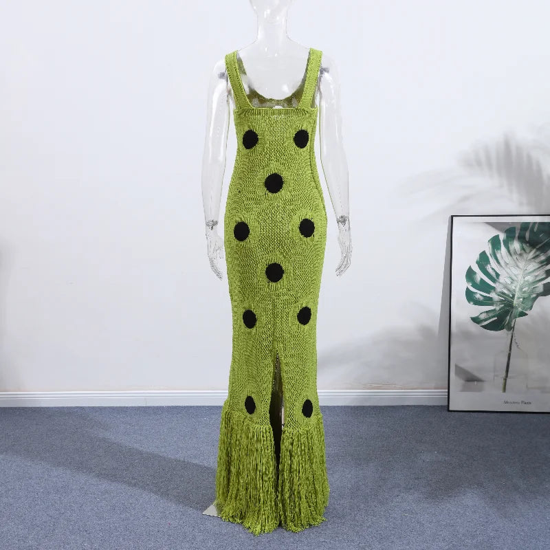 Designed Polka Dot Knitted Long Dress V Neck Hollow Out Fringe Hem Dresses 2025 Summer New Women's Elegant Party Evening Gown