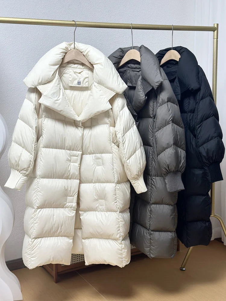 Schinteon Women White Duck Down Long Jacket Autumn Winter Warm Casual Over Size Loose Outwear Soft Comfortable Fashion Coat New
