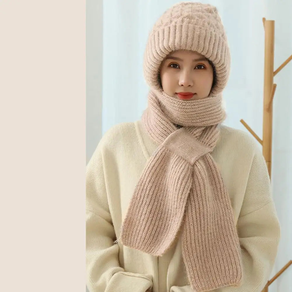 Winter Knitted Integrated Hat Scarf Set Cold Proof Ear Protection Scarf Warm Beanies Cycling Windproof Ladies Outdoor Caps