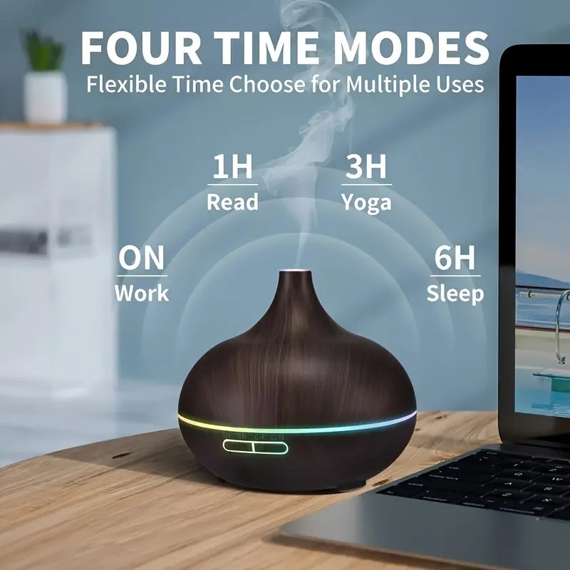 550ml Aromatherapy Essential Oil Diffuser Wood Grain Remote Control Ultrasonic Air Humidifier Cool 7 Color LED Light With 6 Oils