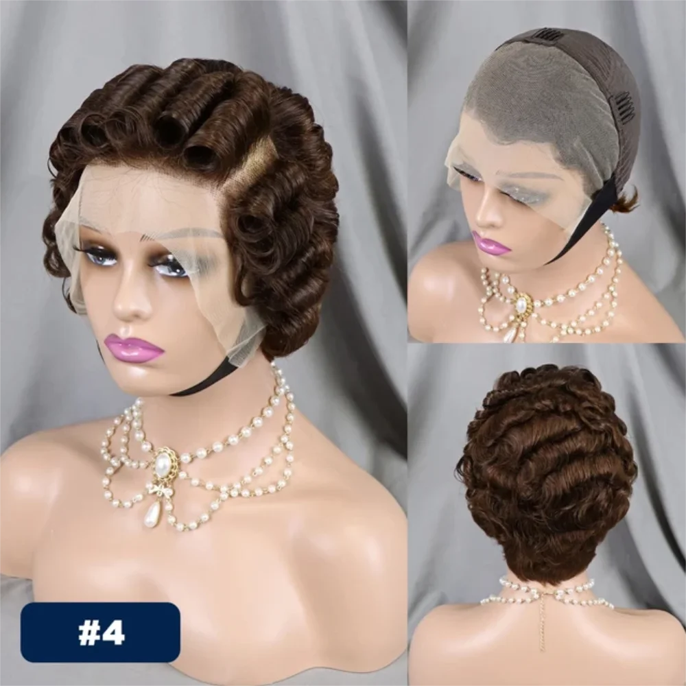 Pixie Cut Wig Short Curly Lace Front Human Hair Wigs For Black Women Raw Indian Finger Wave 13x4 Transparent Lace Frontal Wigs