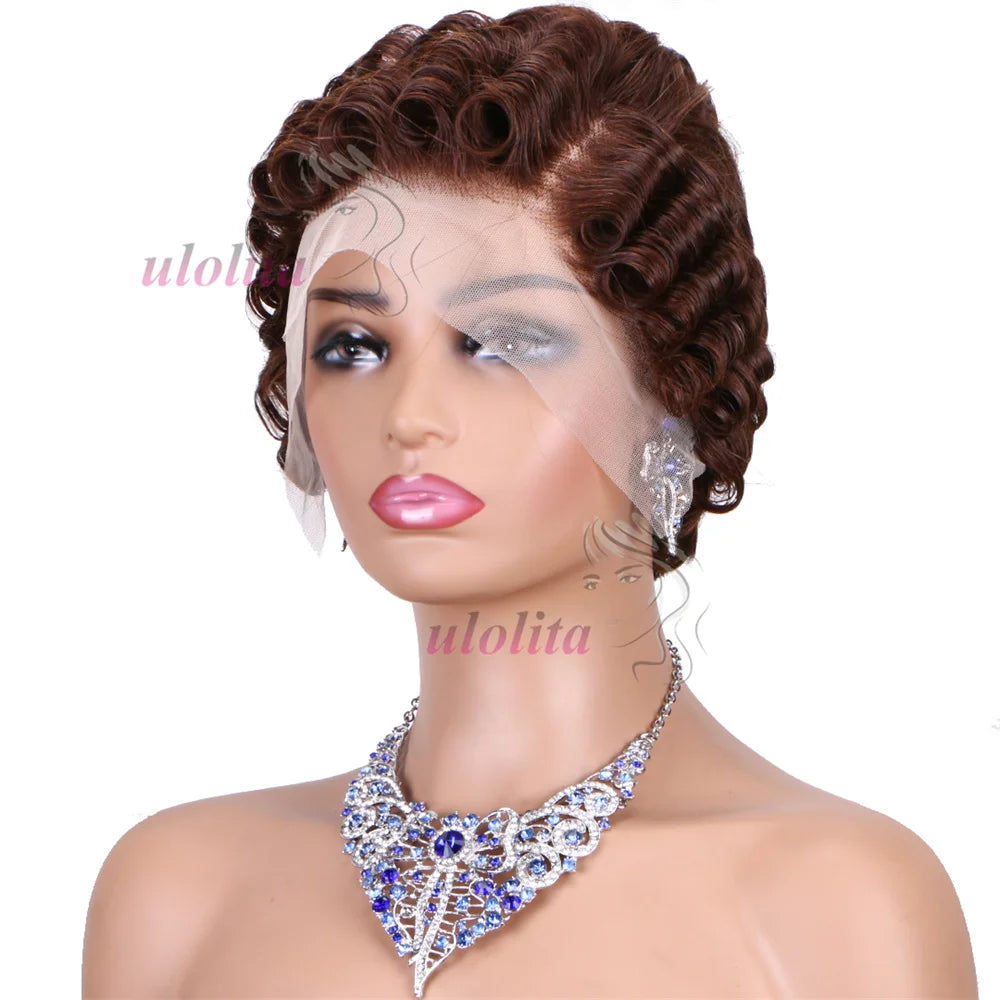 Pixie Cut Wig Short Curly Lace Front Human Hair Wigs For Black Women Raw Indian Finger Wave 13x4 Transparent Lace Frontal Wigs