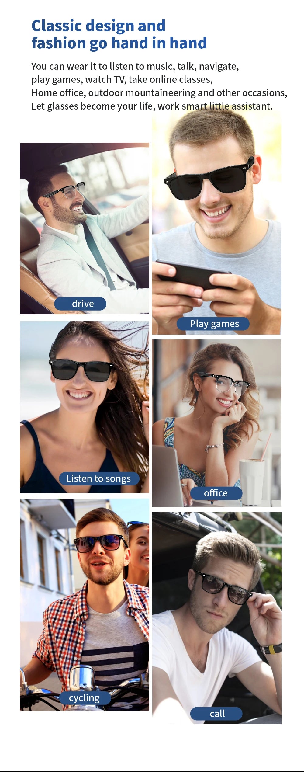For Xiaomi E13 Smart Glasses:Blue Light Filtering Polarized Sunglass Lenses Audio Built-in Mic & Speakers Touch Voice Assistant