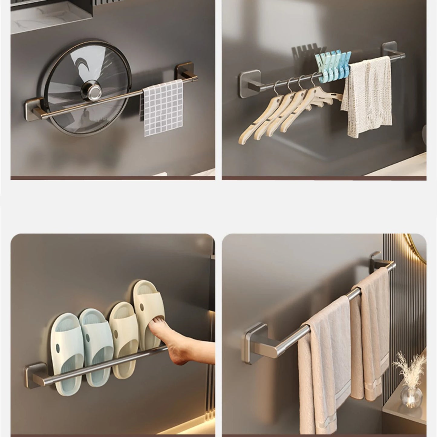 Wall Mounted Towel Holder Slipper Rack Bathroom Storage Rack Holder Without Drilling Bathroom Horizontal Bar Towel Rack
