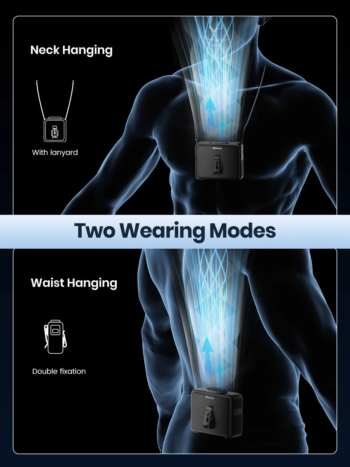Warmco 20000mAh Portable Neck Waist Fan 72H Battery 4Speeds 15000RPM Clip On Wearable Belt Cooling Fan LED Flashlight Power Bank