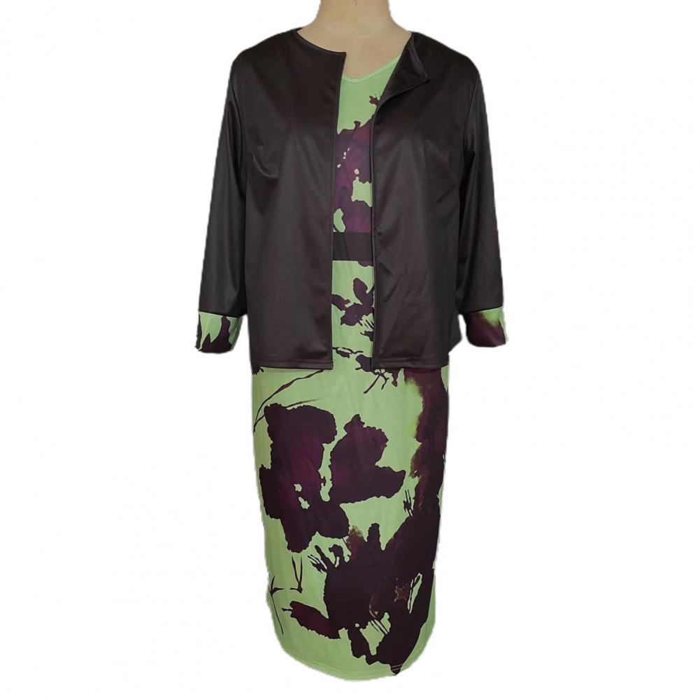 2 Pcs/Set Women Coat Dress Suits Set Floral Print Sheath Midi Dress Open Stitch Dress Suit Jacket Women Outfit Set
