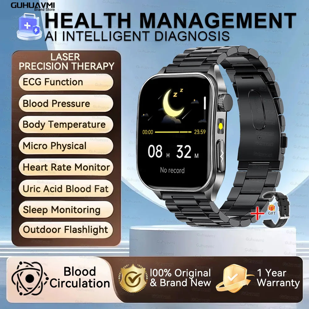 2025 New Mcro Phsical Examination 650nm Laser Therapy ECG Urci Acid Blood Fat Smart Watch Men Blood Pressure Heart Rate Bracelet