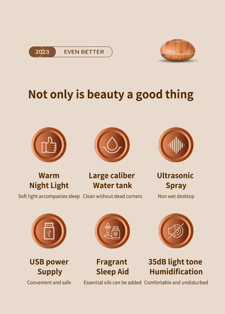 Air Humidifier Aromatherapy Essential Oil Diffuser Wood Grain 200ml Ultrasonic Remote Control 7 Color Lights For Home Bedroom