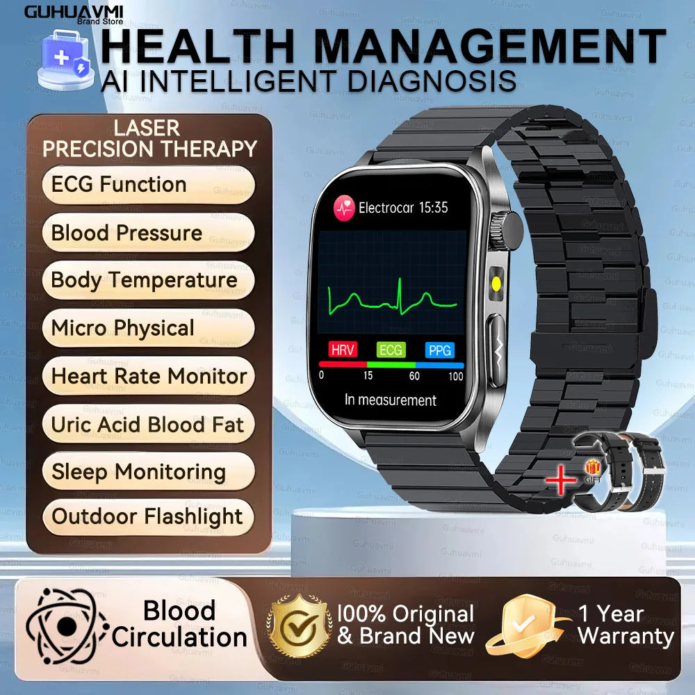 2025 New Mcro Phsical Examination 650nm Laser Therapy ECG Urci Acid Blood Fat Smart Watch Men Blood Pressure Heart Rate Bracelet