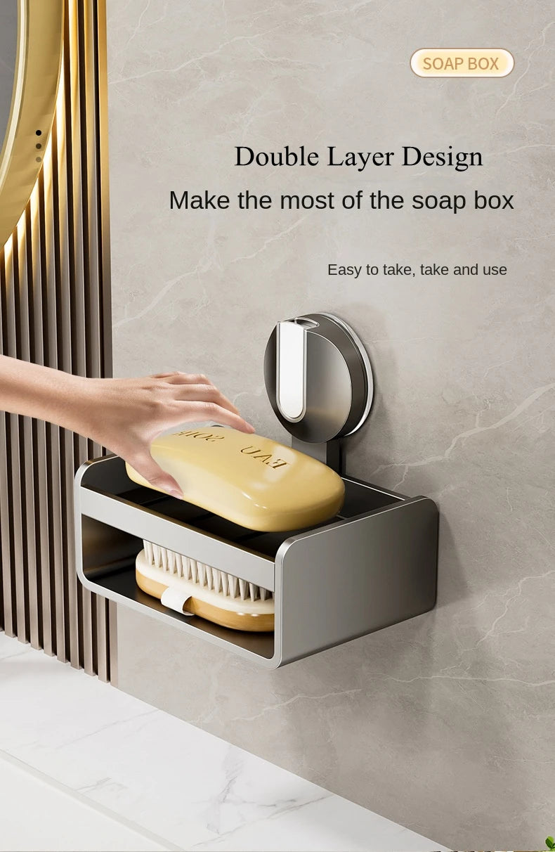 No-Drill Bathroom Soap Holder - Suction Cup Wall Mount Organizer Double Drainage, Holds Soap & Sponge, Space-Saving Storage Rack