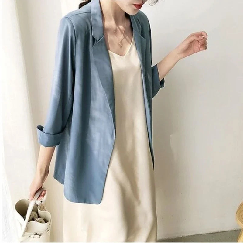 Spring Women Thin Blazers Sun Protection Suit 2025 Female Summer Black Blazer Three Quarter Sleeves OL Slim Coats Ladies Tops
