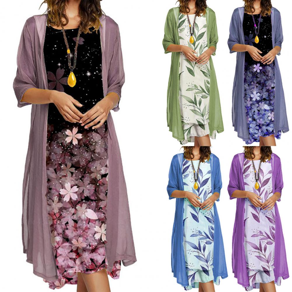 Female 1 Set Stylish Vintage Round Neck Dress Two-Piece Ladies Dress Set Floral Print for Party