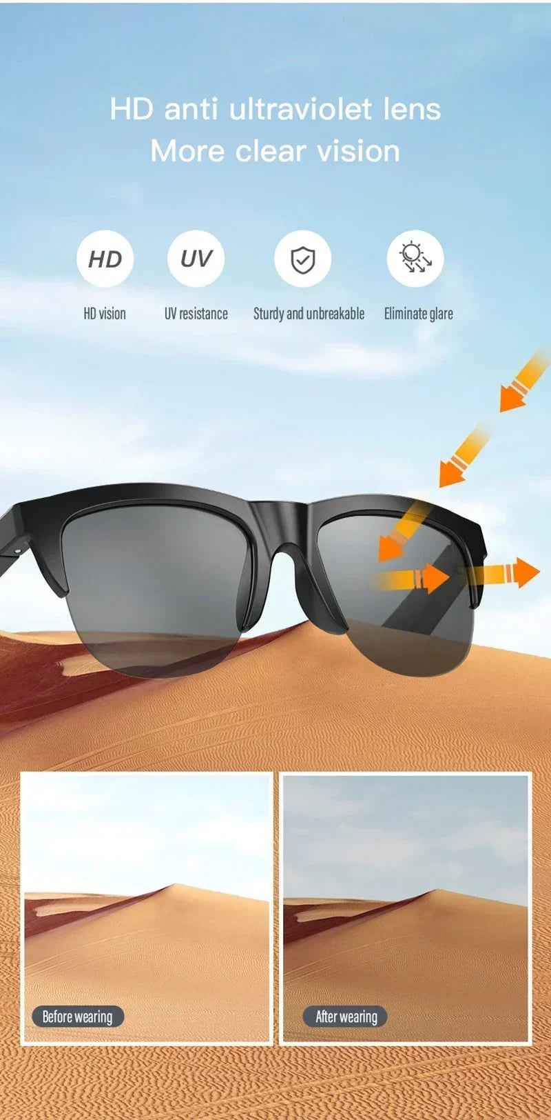 Xiaomi MIJIA Smart Sunglasses Glasses Waterproof Anti-UV Bluetooth Call Outdoor Sports Headphones HIFI Blue Light For Men Women