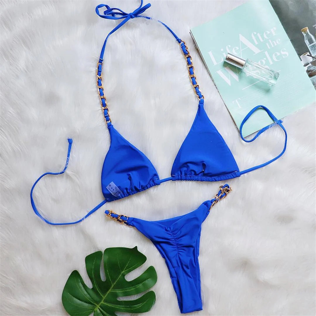 Metal Ring Halter Scrunch Butt Thong Bikini Women Swimwear Female Swimsuit Two-pieces Bikini set Bather Bathing Suit Swim V4391