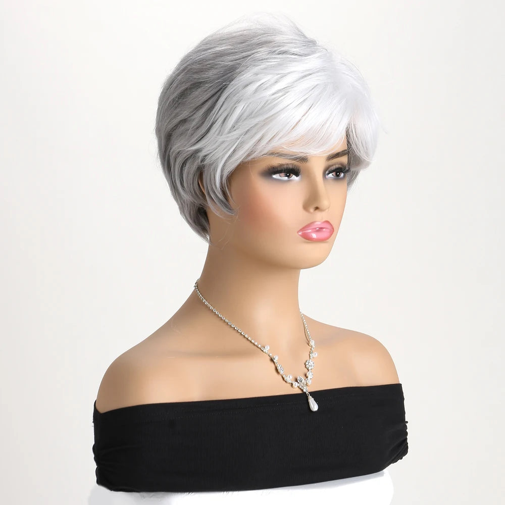 Short Natural Wigs with Bangs Soft Mommy Hair Daily Use Short Grey Ombre Curly Synthetic Hair Costume Party Wig for Women