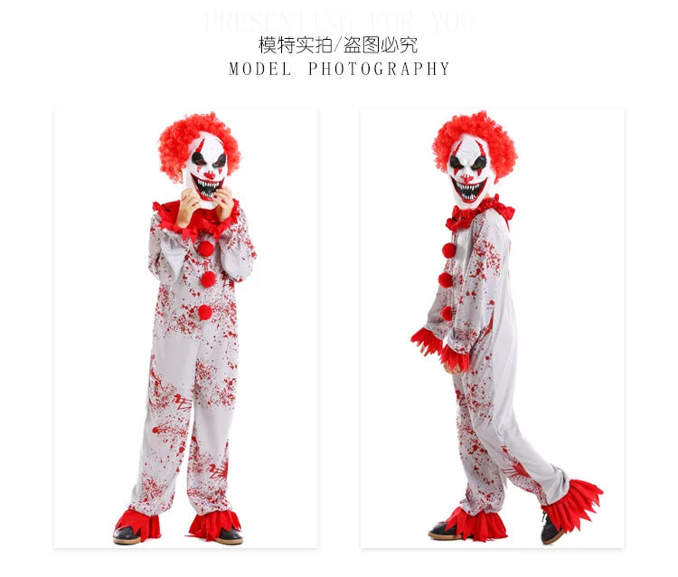 Movie Killer Clown Costume Cosplay For Boy Girl Scary Clown Gray Jumpsuit with Blood Fancy Hallween for Boys Terror Jumpsuit