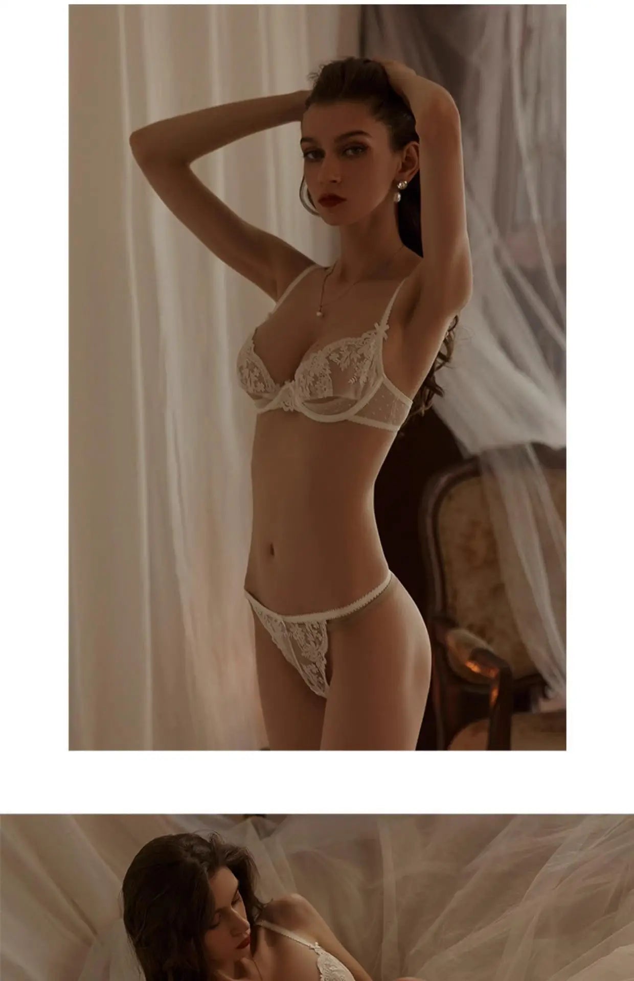French Sexy Bra & Brief Set Lingerie Ultra-Thin See-Through Sexy Floral Lace Underwire Set Large Breasts Show Small Anti-Sag Bra