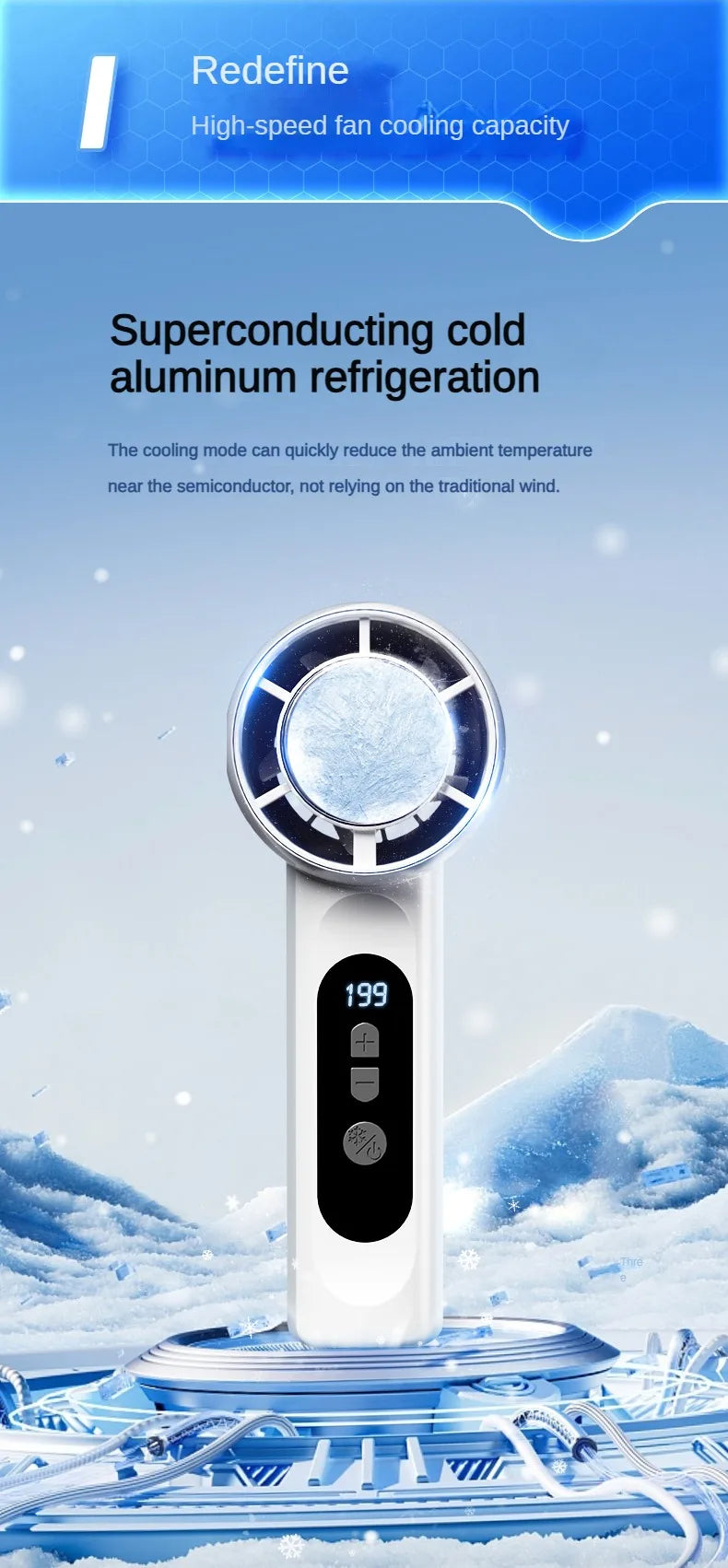 Handheld Portable Fan 199-Speed Desktop Fan USB Rechargeable Cooling Refrigeration Fan LED Display For Home Office Travel 