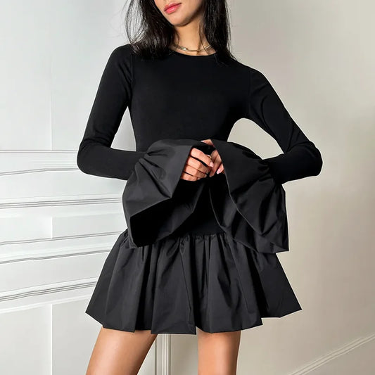 Flare Sleeve Mini Dress For Women Fashion Splice Folds Dress A-Line Hem Bodycon Female Elegant Dress 2025 Summer New