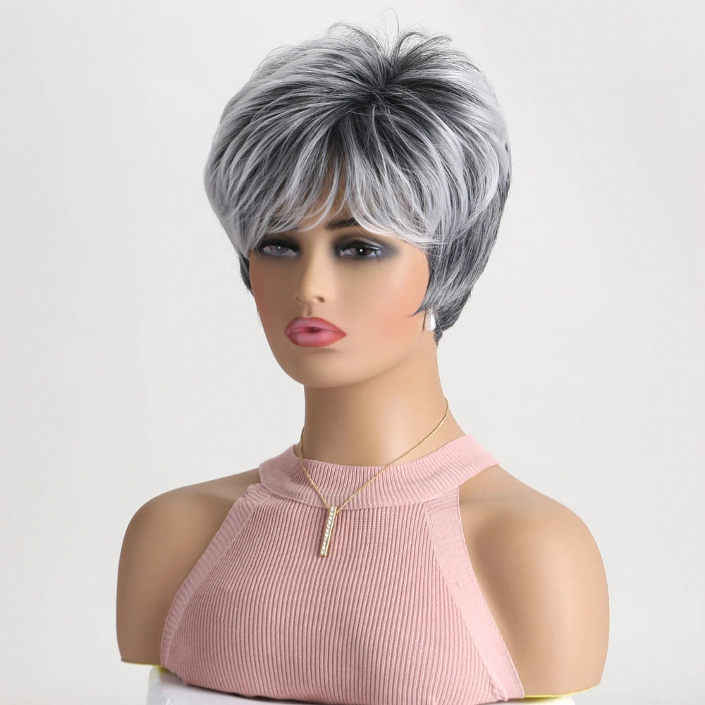 Short Natural Wigs with Bangs Soft Mommy Hair Daily Use Short Grey Ombre Curly Synthetic Hair Costume Party Wig for Women