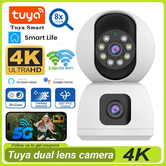 8MP Dual Lens Tuya 5G WIFI IP Camera 4K HD Dual Screen PTZ Home Security Camera Auto Tracking Indoor Wireless Video Surveillance