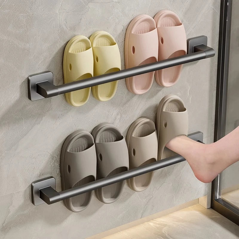 Wall Mounted Towel Holder Slipper Rack Bathroom Storage Rack Holder Without Drilling Bathroom Horizontal Bar Towel Rack