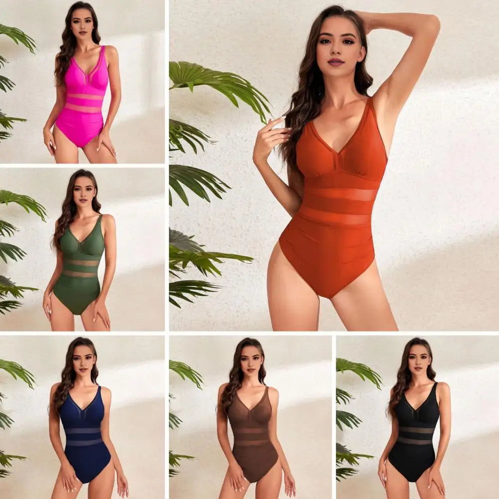Hollow Mesh Splicing Monokini Swimsuit Stylish Women's Mesh Splicing One-piece Swimsuit Tummy Control V-neck Monokinis Beachwear
