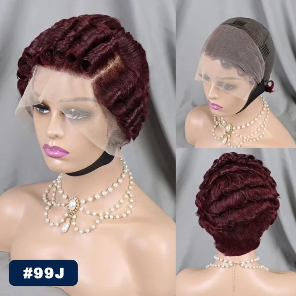 Pixie Cut Wig Short Curly Lace Front Human Hair Wigs For Black Women Raw Indian Finger Wave 13x4 Transparent Lace Frontal Wigs