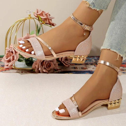 Summer Plus Size Women's Modern Cover Heel Sandals Fashion Ankle Buckle Strap Shoes Bling Crystal Low Heel Dress Sandals