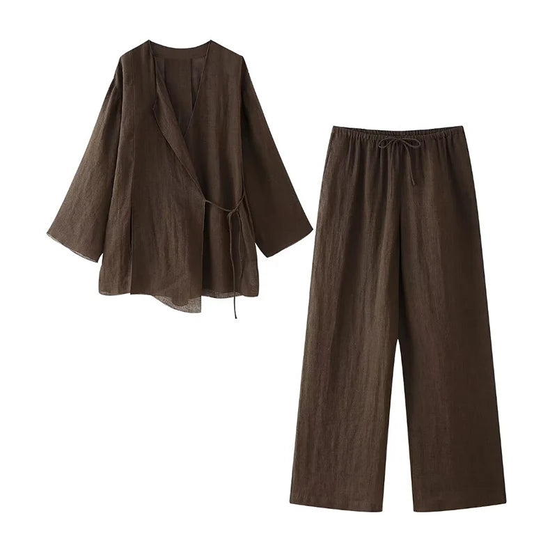 RAFZNB Wide Leg Pants Sets 2 Pieces Women Fashion Lace Up Kimono Tops Women's Suit Two Piece Set Spring Women Outfit