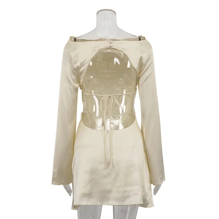 Tuularose Satin Backless Dress Women's Sexy Hollow Lace Up Long Sleeve A-Line Short Dress Elegant Swing Neck Party Evening Dress