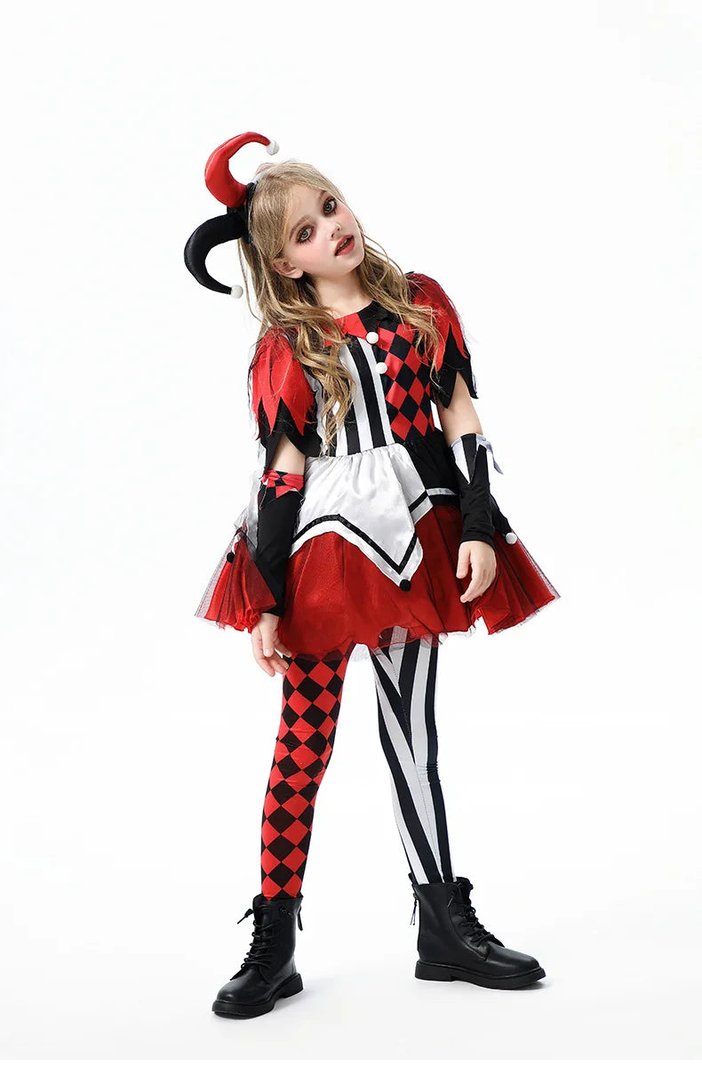 Naughty Girls Clown Costume Kids Circus Scary Tutu Dress Halloween Cosplay Costumes Carnival Party Jester Dress Up Full Set