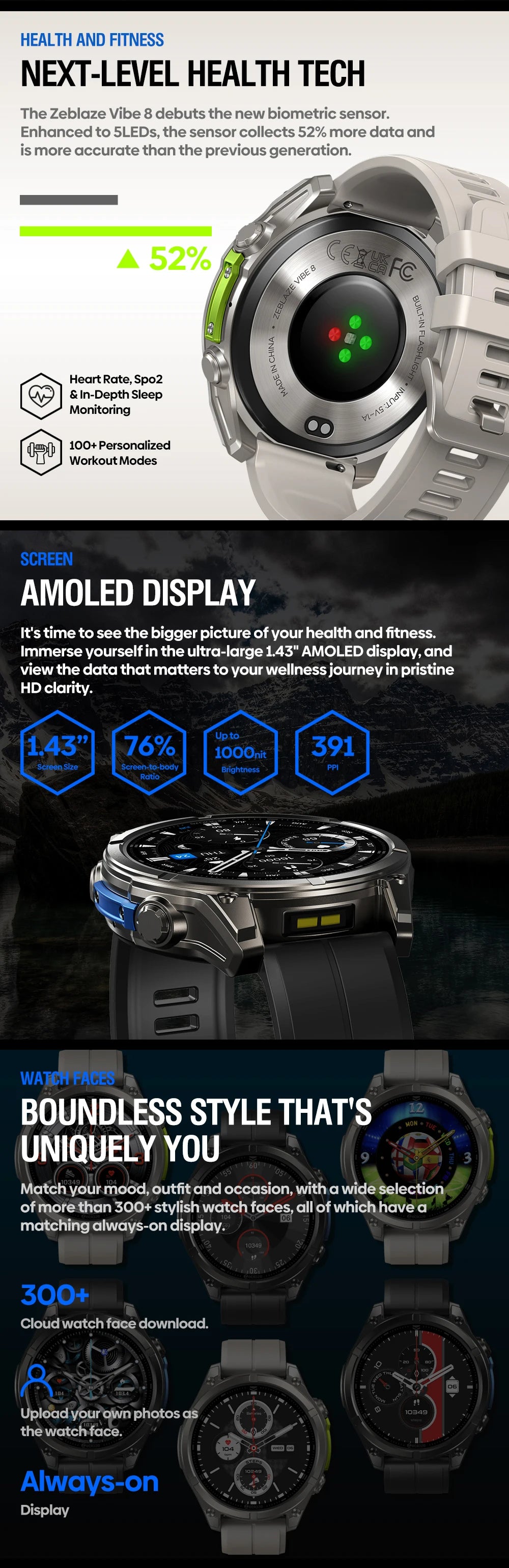 NEW 2025 Zeblaze VIBE 8 Voice Call Smart Watch 1.43" AMOLED Display Heart Rate Blood Pressure Multi-Sport Modes Smart Watch