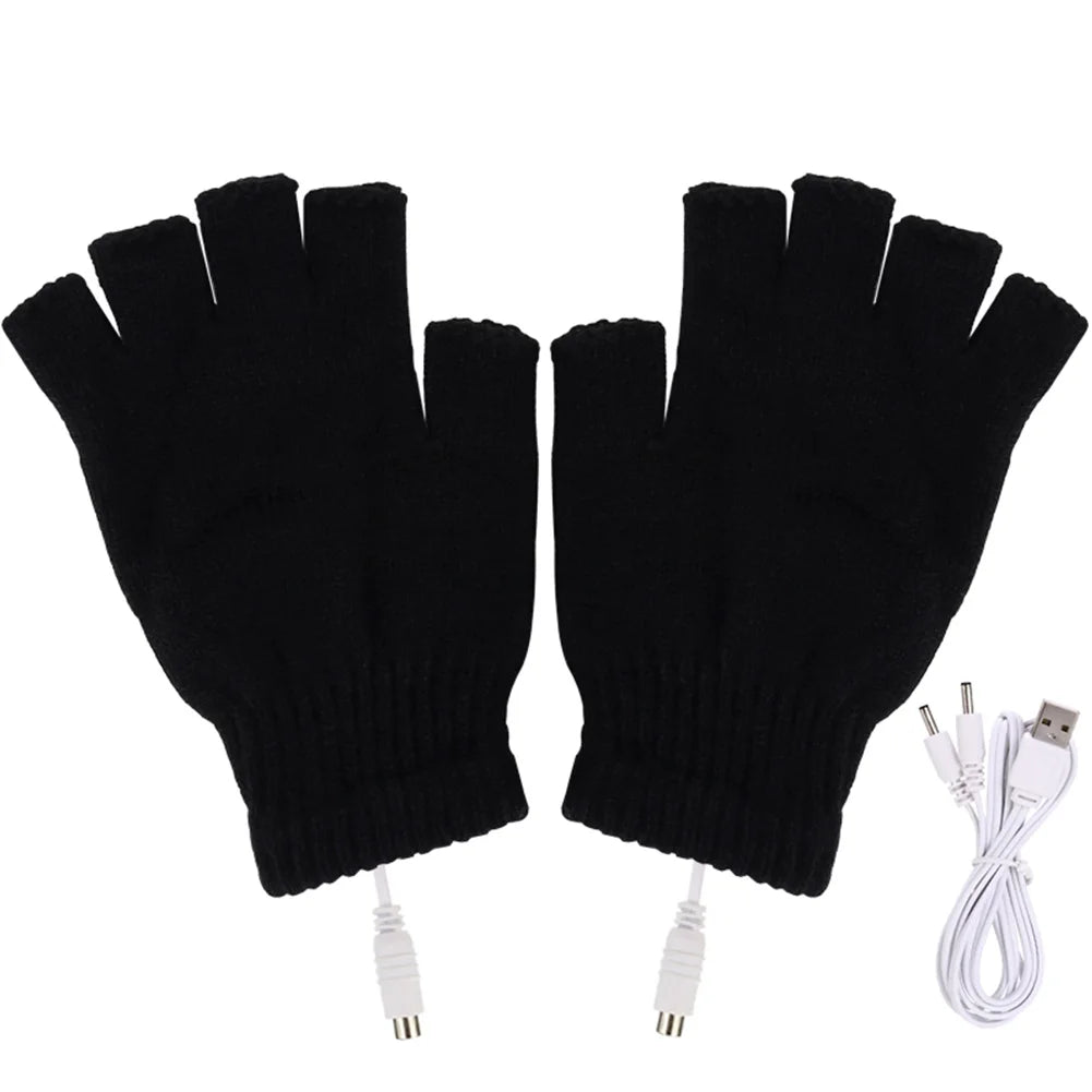 USB Heated Gloves Fingerless Knitted Wrist Glove Men Women Electric Heating Gloves Winter Hand Warmer Outdoor Skiing Accessories
