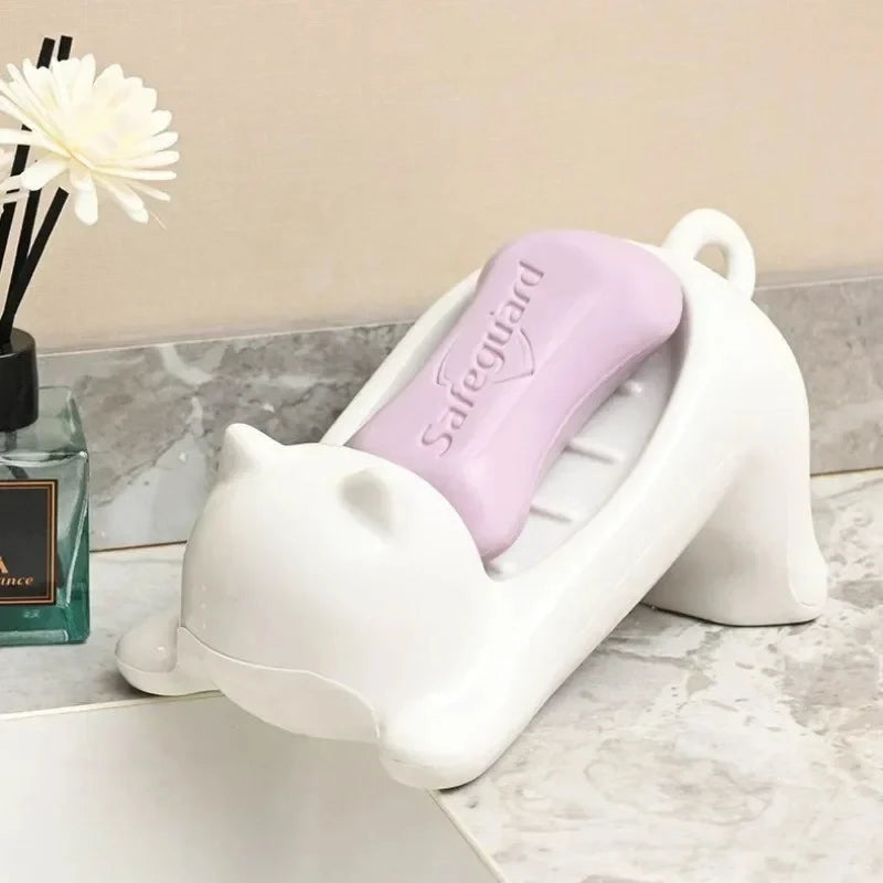 Kawaii White Cat Soap Drain Rack Kitchen Sponge Storage Rack Bathroom Soap Holder Non-slip Container Cute Home Organizer