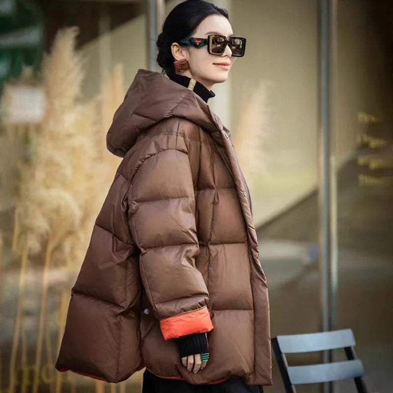 Schinteon Women Down Jacket Casual Loose Over Size Warm Autumn Winter Outwear White Duck Down with Hood Fashion Coat 2024 New