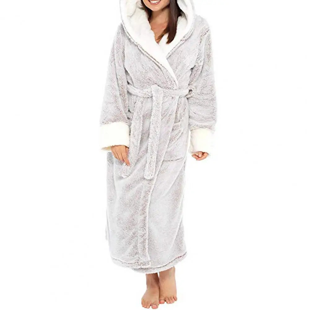 Women Bathrobe Plush Thicken Hooded Nightgown Autumn And Winter Warm And Comfortable Long-sleeved Robe Homewear Home Bath Robe