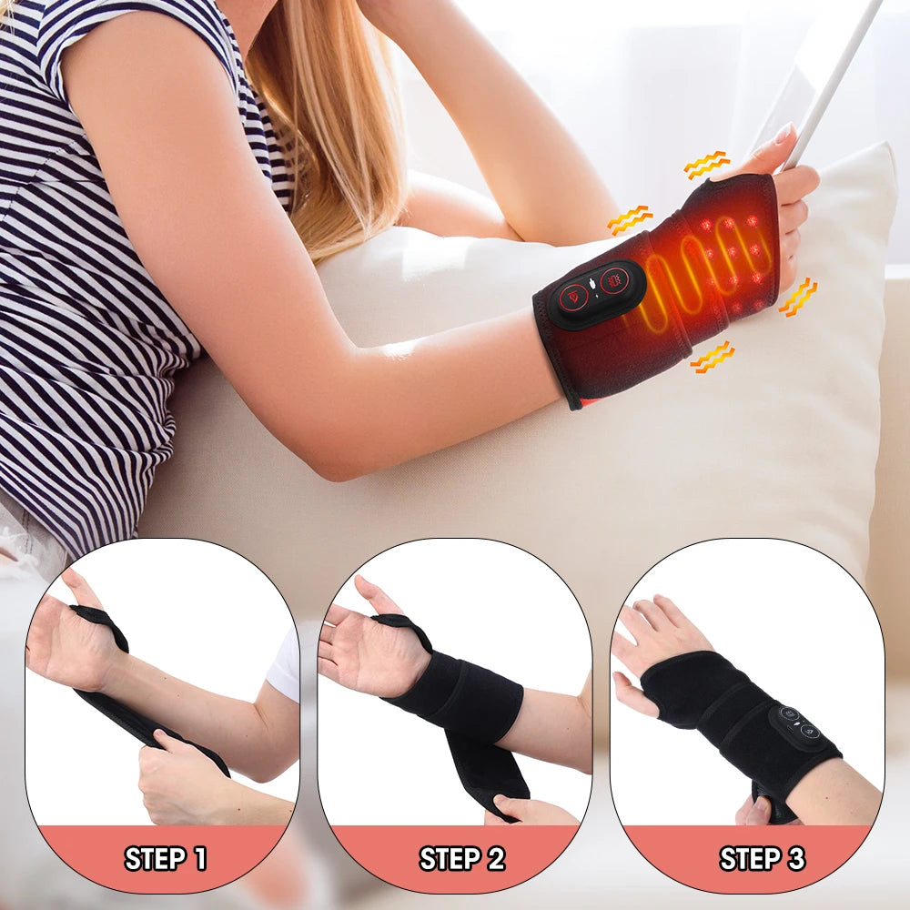 Red Light Therapy Wrist Protector 660nm 850nm LED Infrared Heating Pad Wrist Wrap 3 Levels Vibration Hand Massager Brace