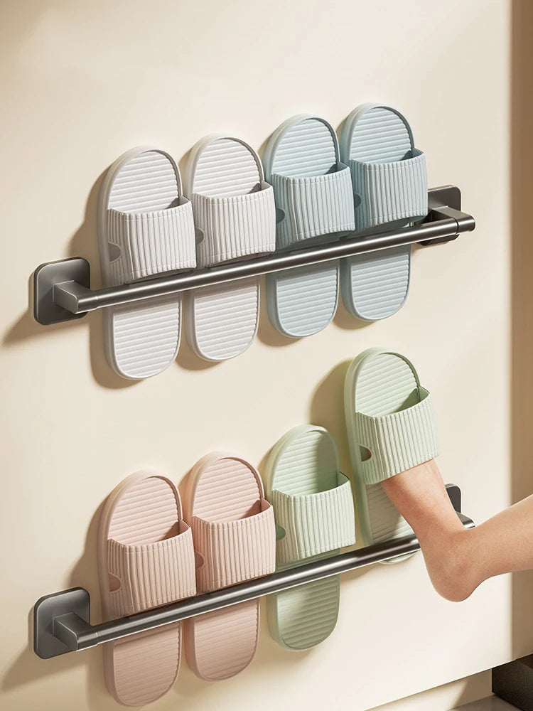 Wall Mounted Towel Holder Slipper Rack Bathroom Storage Rack Holder Without Drilling Bathroom Horizontal Bar Towel Rack